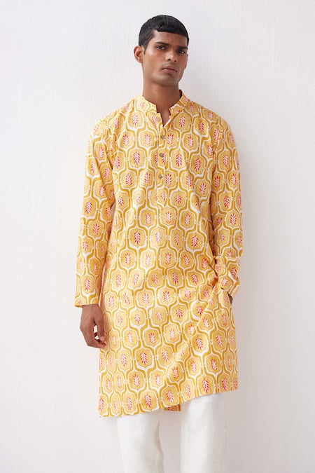 Label Kheerganga Yellow Cotton Embroidery Floral Print Kurta at Aza Fashions Label Kheerganga_Yellow Cotton Embroidery Floral Print Kurta _at_Aza_Fashions