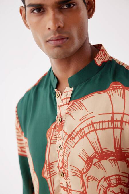 Label Kheerganga_Green Viscose Crepe Printed Shell Sandy Shore Kurta _at_Aza_Fashions