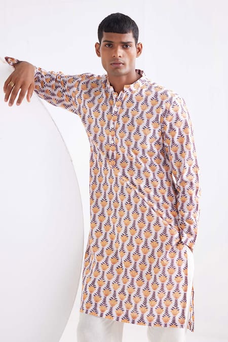 Label Kheerganga_White Viscose Crepe Printed Tulip Floral Kurta _Online_at_Aza_Fashions