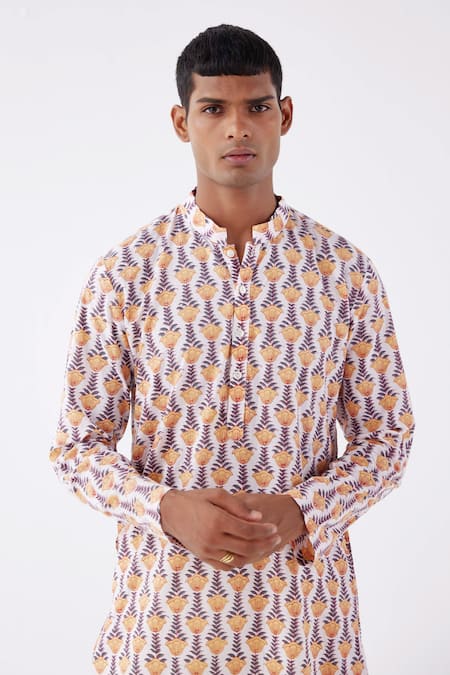 Buy_Label Kheerganga_White Viscose Crepe Printed Tulip Floral Kurta _Online_at_Aza_Fashions