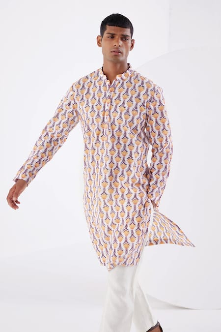 Label Kheerganga_White Viscose Crepe Printed Tulip Floral Kurta _at_Aza_Fashions