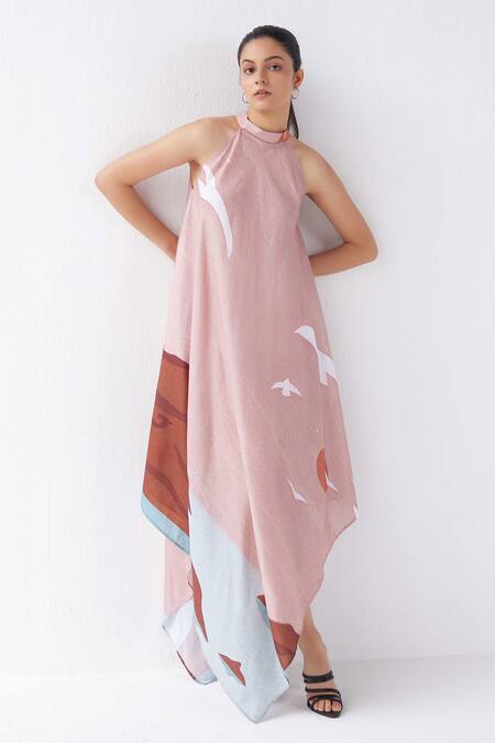Label Kheerganga_Pink Viscose, Crepe Halter Neck Asymmetric Hem Dress _Online_at_Aza_Fashions
