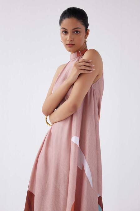Buy_Label Kheerganga_Pink Viscose, Crepe Halter Neck Asymmetric Hem Dress _Online_at_Aza_Fashions