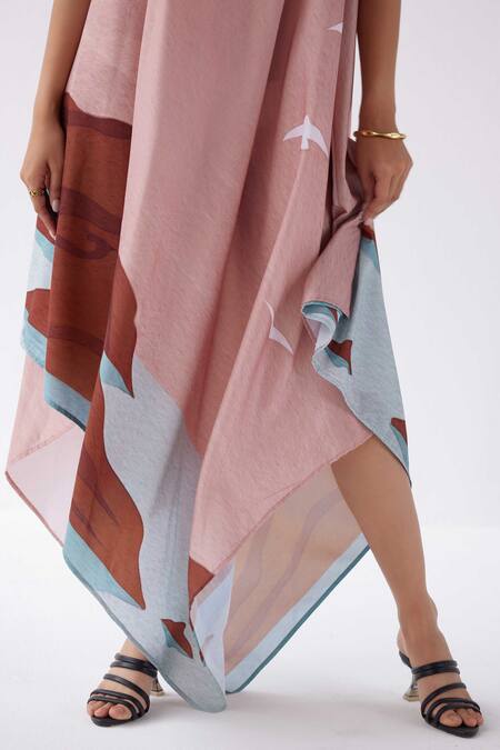 Shop_Label Kheerganga_Pink Viscose, Crepe Halter Neck Asymmetric Hem Dress _Online_at_Aza_Fashions