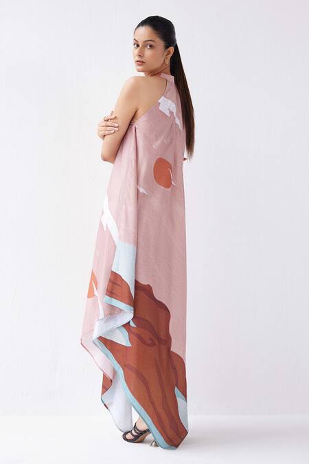 Label Kheerganga_Pink Viscose, Crepe Halter Neck Asymmetric Hem Dress _at_Aza_Fashions