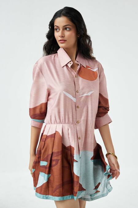 Label Kheerganga_Pink Viscose, Crepe Collared Mountain Valley Pleated Skirt Dress _Online_at_Aza_Fashions