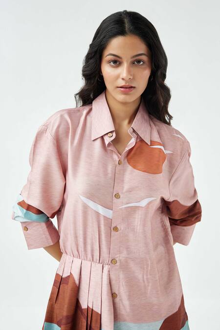 Buy_Label Kheerganga_Pink Viscose, Crepe Collared Mountain Valley Pleated Skirt Dress _Online_at_Aza_Fashions