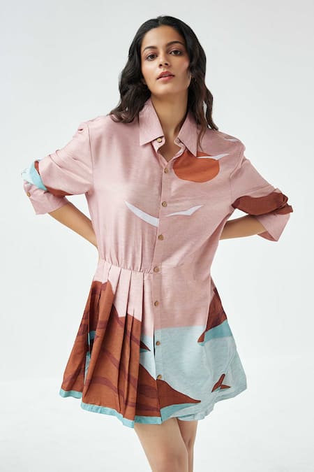 Shop_Label Kheerganga_Pink Viscose, Crepe Collared Mountain Valley Pleated Skirt Dress _Online_at_Aza_Fashions