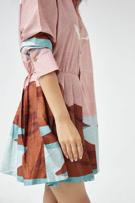 Label Kheerganga_Pink Viscose, Crepe Collared Mountain Valley Pleated Skirt Dress _at_Aza_Fashions