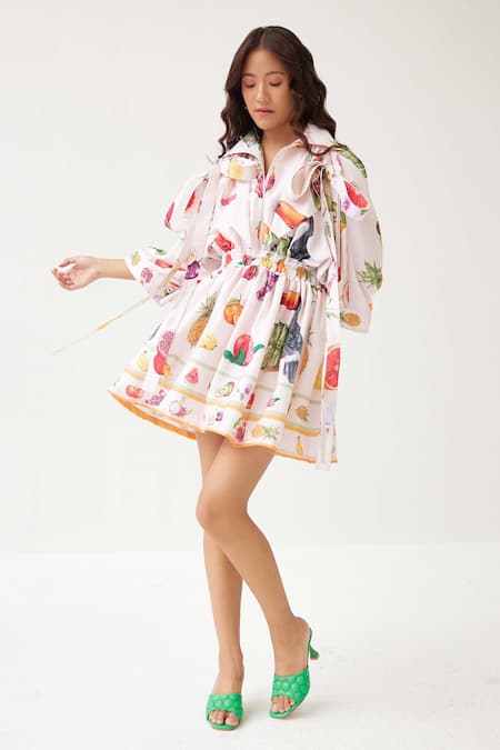 Label Kheerganga_Cream Viscose, Crepe Collared Pinacolada Playboy Fruit Print Midi Dress _Online_at_Aza_Fashions