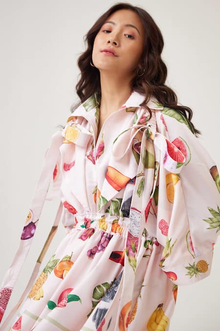 Buy_Label Kheerganga_Cream Viscose, Crepe Collared Pinacolada Playboy Fruit Print Midi Dress _Online_at_Aza_Fashions