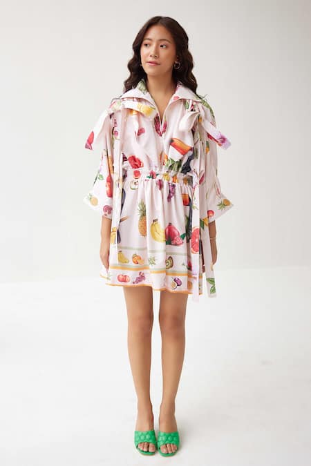 Shop_Label Kheerganga_Cream Viscose, Crepe Collared Pinacolada Playboy Fruit Print Midi Dress _Online_at_Aza_Fashions