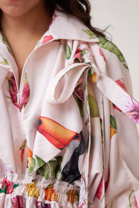 Label Kheerganga_Cream Viscose, Crepe Collared Pinacolada Playboy Fruit Print Midi Dress _at_Aza_Fashions