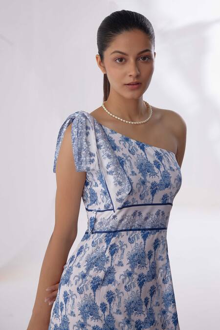 Label Kheerganga_Blue Viscose, Crepe One Shoulder Riverstone Midi Dress _Online_at_Aza_Fashions