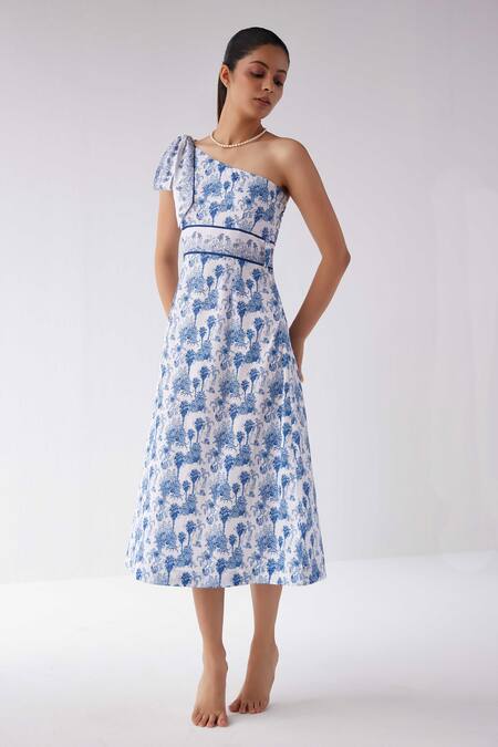 Buy_Label Kheerganga_Blue Viscose, Crepe One Shoulder Riverstone Midi Dress _Online_at_Aza_Fashions