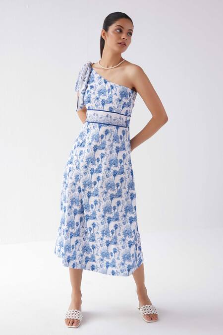 Shop_Label Kheerganga_Blue Viscose, Crepe One Shoulder Riverstone Midi Dress _Online_at_Aza_Fashions