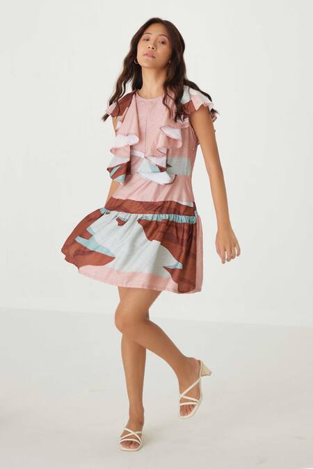 Label Kheerganga_Pink Viscose, Crepe Ruffles Boat Neck Mountain Valley Print Dress _Online_at_Aza_Fashions