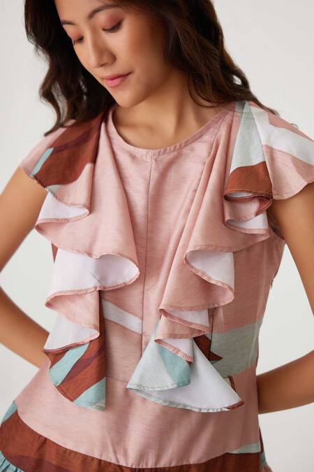 Shop_Label Kheerganga_Pink Viscose, Crepe Ruffles Boat Neck Mountain Valley Print Dress _Online_at_Aza_Fashions