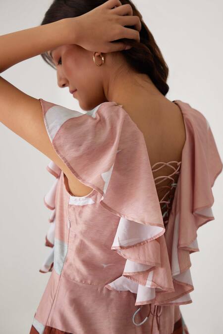 Label Kheerganga_Pink Viscose, Crepe Ruffles Boat Neck Mountain Valley Print Dress _at_Aza_Fashions