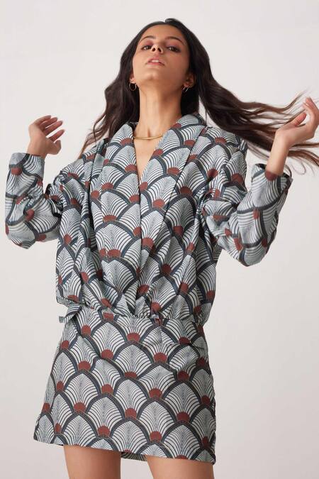 Label Kheerganga_Green Viscose, Crepe V-neck Art Deco Print Coat Dress _Online_at_Aza_Fashions