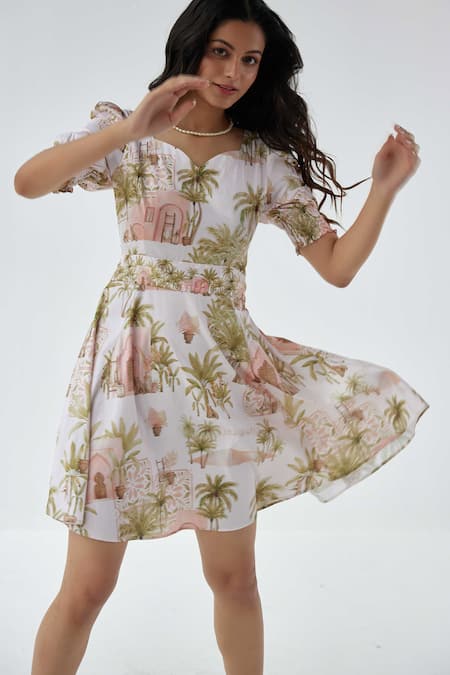 Buy_Label Kheerganga_White Viscose, Crepe Round Neck Autumn Mist Princess Print Dress_Online_at_Aza_Fashions