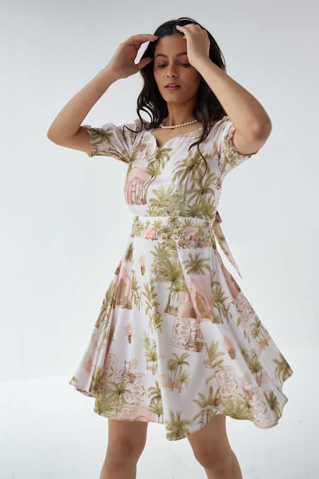 Shop_Label Kheerganga_White Viscose, Crepe Round Neck Autumn Mist Princess Print Dress_Online_at_Aza_Fashions