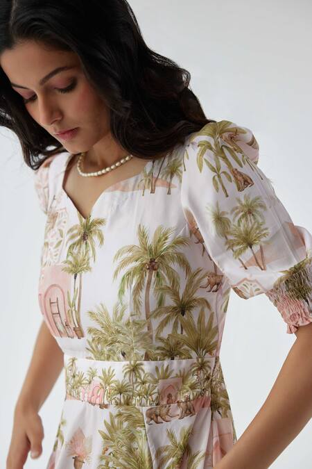 Label Kheerganga_White Viscose, Crepe Round Neck Autumn Mist Princess Print Dress_at_Aza_Fashions