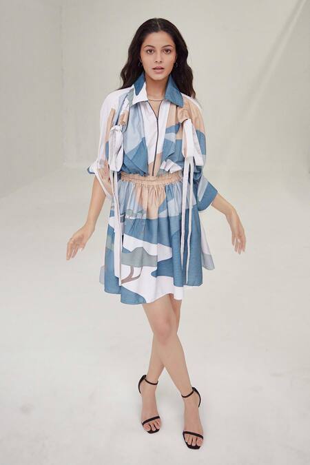 Label Kheerganga_White Viscose, Crepe Collared Echoes Playboy Printed Dress _Online_at_Aza_Fashions