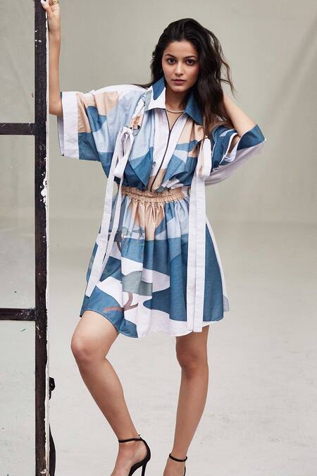 Buy_Label Kheerganga_White Viscose, Crepe Collared Echoes Playboy Printed Dress _Online_at_Aza_Fashions