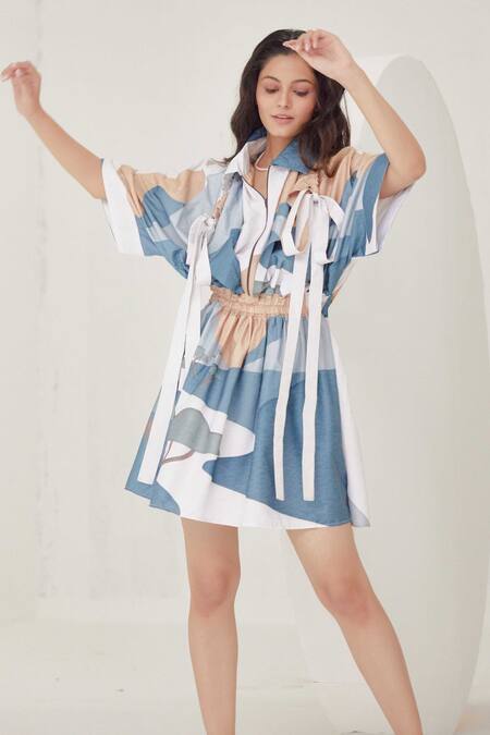 Shop_Label Kheerganga_White Viscose, Crepe Collared Echoes Playboy Printed Dress _Online_at_Aza_Fashions