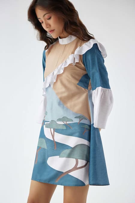 Label Kheerganga White Viscose, Crepe Round Neck Echoes Printed Ruffle Dress Online at Aza Fashions Label Kheerganga_White Viscose, Crepe Round Neck Echoes Printed Ruffle Dress_Online_at_Aza_Fashions