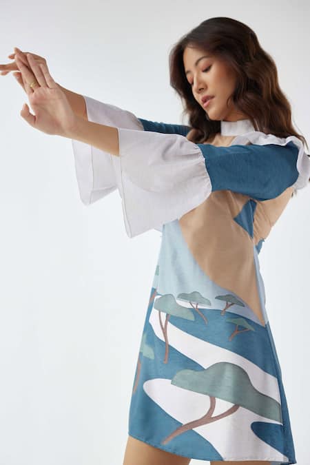 Buy Label Kheerganga White Viscose, Crepe Round Neck Echoes Printed Ruffle Dress Online at Aza Fashions Buy_Label Kheerganga_White Viscose, Crepe Round Neck Echoes Printed Ruffle Dress_Online_at_Aza_Fashions