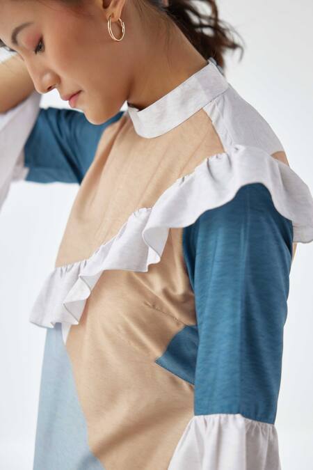 Shop Label Kheerganga White Viscose, Crepe Round Neck Echoes Printed Ruffle Dress Online at Aza Fashions Shop_Label Kheerganga_White Viscose, Crepe Round Neck Echoes Printed Ruffle Dress_Online_at_Aza_Fashions