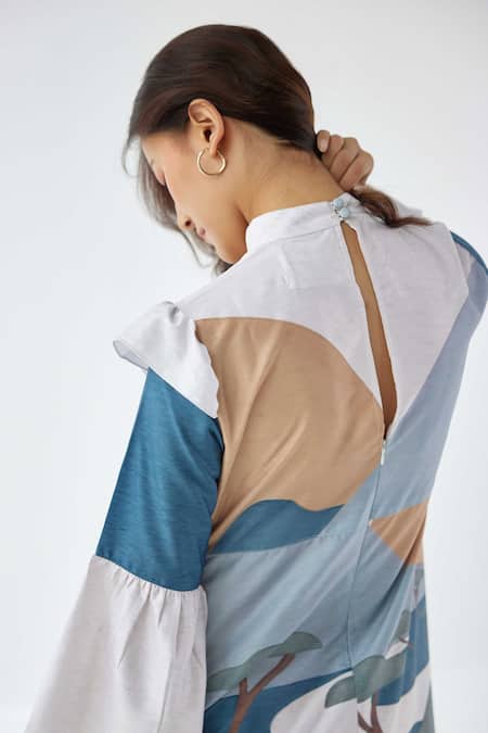 Label Kheerganga White Viscose, Crepe Round Neck Echoes Printed Ruffle Dress at Aza Fashions Label Kheerganga_White Viscose, Crepe Round Neck Echoes Printed Ruffle Dress_at_Aza_Fashions