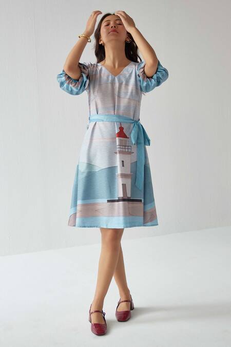 Label Kheerganga_Blue Viscose V-neck Lighthouse Print A-line Dress _Online_at_Aza_Fashions