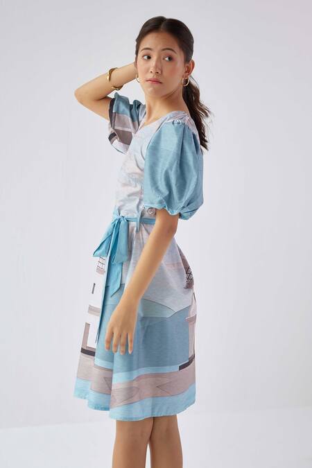 Buy_Label Kheerganga_Blue Viscose V-neck Lighthouse Print A-line Dress _Online_at_Aza_Fashions