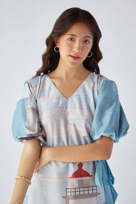 Shop_Label Kheerganga_Blue Viscose V-neck Lighthouse Print A-line Dress _Online_at_Aza_Fashions