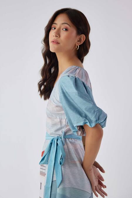 Label Kheerganga_Blue Viscose V-neck Lighthouse Print A-line Dress _at_Aza_Fashions