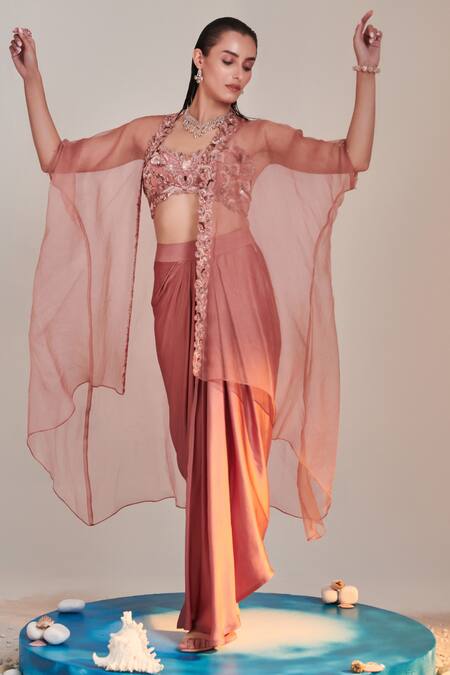 Shop One Knot One By Ashna Pink Crepe, Silk Satin Sequins Sweetheart Neck Swirl Embroidered Cape Skirt Set Online at Aza Fashions Shop_One Knot One By Ashna_Pink Crepe, Silk Satin Sequins Sweetheart Neck Swirl Embroidered Cape Skirt Set _Online_at_Aza_Fashions