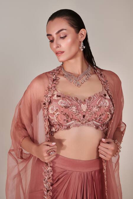 One Knot One By Ashna Pink Crepe, Silk Satin Sequins Sweetheart Neck Swirl Embroidered Cape Skirt Set at Aza Fashions One Knot One By Ashna_Pink Crepe, Silk Satin Sequins Sweetheart Neck Swirl Embroidered Cape Skirt Set _at_Aza_Fashions