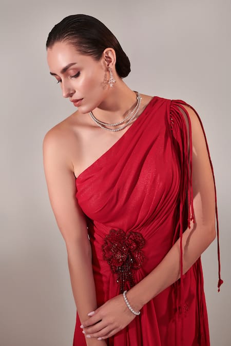 Shop One Knot One By Ashna Red Georgette Embroidery One Shoulder Floral Applique Draped Gown Online at Aza Fashions Shop_One Knot One By Ashna_Red Georgette Embroidery One Shoulder Floral Applique Draped Gown _Online_at_Aza_Fashions