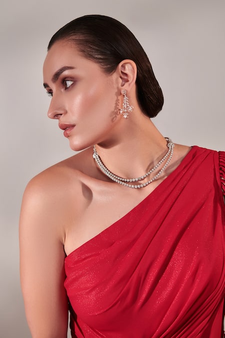 One Knot One By Ashna Red Georgette Embroidery One Shoulder Floral Applique Draped Gown at Aza Fashions One Knot One By Ashna_Red Georgette Embroidery One Shoulder Floral Applique Draped Gown _at_Aza_Fashions