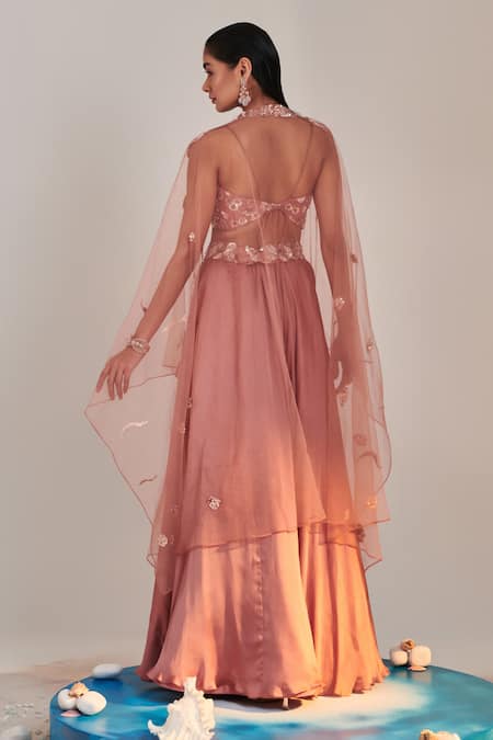 One Knot One By Ashna Pink Crepe, Satin, Organza Sequins, Embroidery, Floral Cape Lehenga Set Online at Aza Fashions One Knot One By Ashna_Pink Crepe, Satin, Organza Sequins, Embroidery, Floral Cape Lehenga Set _Online_at_Aza_Fashions