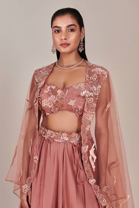 Shop One Knot One By Ashna Pink Crepe, Satin, Organza Sequins, Embroidery, Floral Cape Lehenga Set Online at Aza Fashions Shop_One Knot One By Ashna_Pink Crepe, Satin, Organza Sequins, Embroidery, Floral Cape Lehenga Set _Online_at_Aza_Fashions