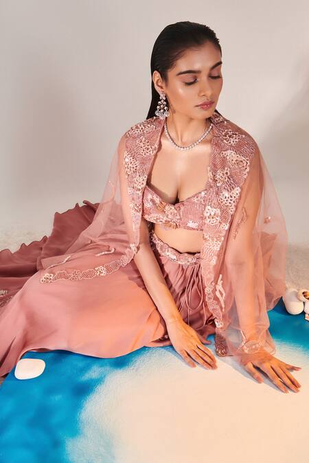 One Knot One By Ashna Pink Crepe, Satin, Organza Sequins, Embroidery, Floral Cape Lehenga Set at Aza Fashions One Knot One By Ashna_Pink Crepe, Satin, Organza Sequins, Embroidery, Floral Cape Lehenga Set _at_Aza_Fashions