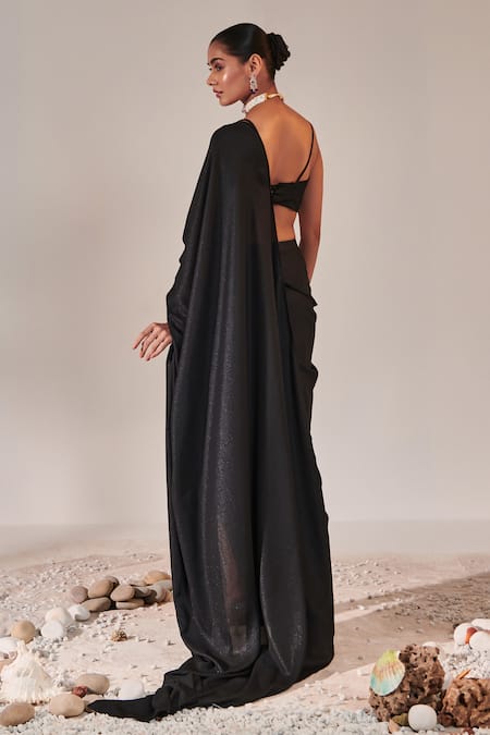 One Knot One By Ashna Black Silk Satin, Georgette Sequins, Placed Floral Pre-draped Saree With Blouse Online at Aza Fashions One Knot One By Ashna_Black Silk Satin, Georgette Sequins, Placed Floral Pre-draped Saree With Blouse _Online_at_Aza_Fashions