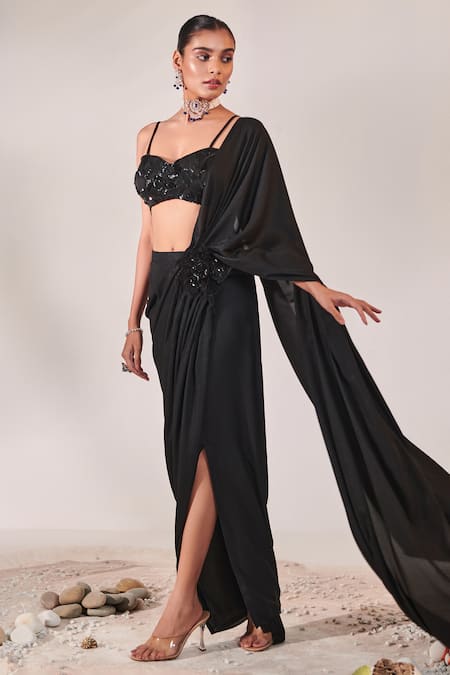 Buy One Knot One By Ashna Black Silk Satin, Georgette Sequins, Placed Floral Pre-draped Saree With Blouse Online at Aza Fashions Buy_One Knot One By Ashna_Black Silk Satin, Georgette Sequins, Placed Floral Pre-draped Saree With Blouse _Online_at_Aza_Fashions