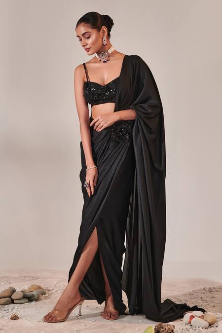 Shop One Knot One By Ashna Black Silk Satin, Georgette Sequins, Placed Floral Pre-draped Saree With Blouse Online at Aza Fashions Shop_One Knot One By Ashna_Black Silk Satin, Georgette Sequins, Placed Floral Pre-draped Saree With Blouse _Online_at_Aza_Fashions