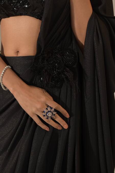 One Knot One By Ashna Black Silk Satin, Georgette Sequins, Placed Floral Pre-draped Saree With Blouse at Aza Fashions One Knot One By Ashna_Black Silk Satin, Georgette Sequins, Placed Floral Pre-draped Saree With Blouse _at_Aza_Fashions