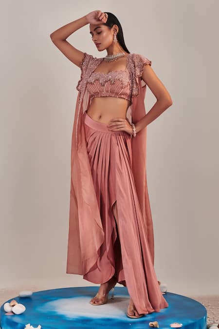 One Knot One Pink Cape Organza Embroidered Sequins Cape Shawl Wave Draped Skirt Set